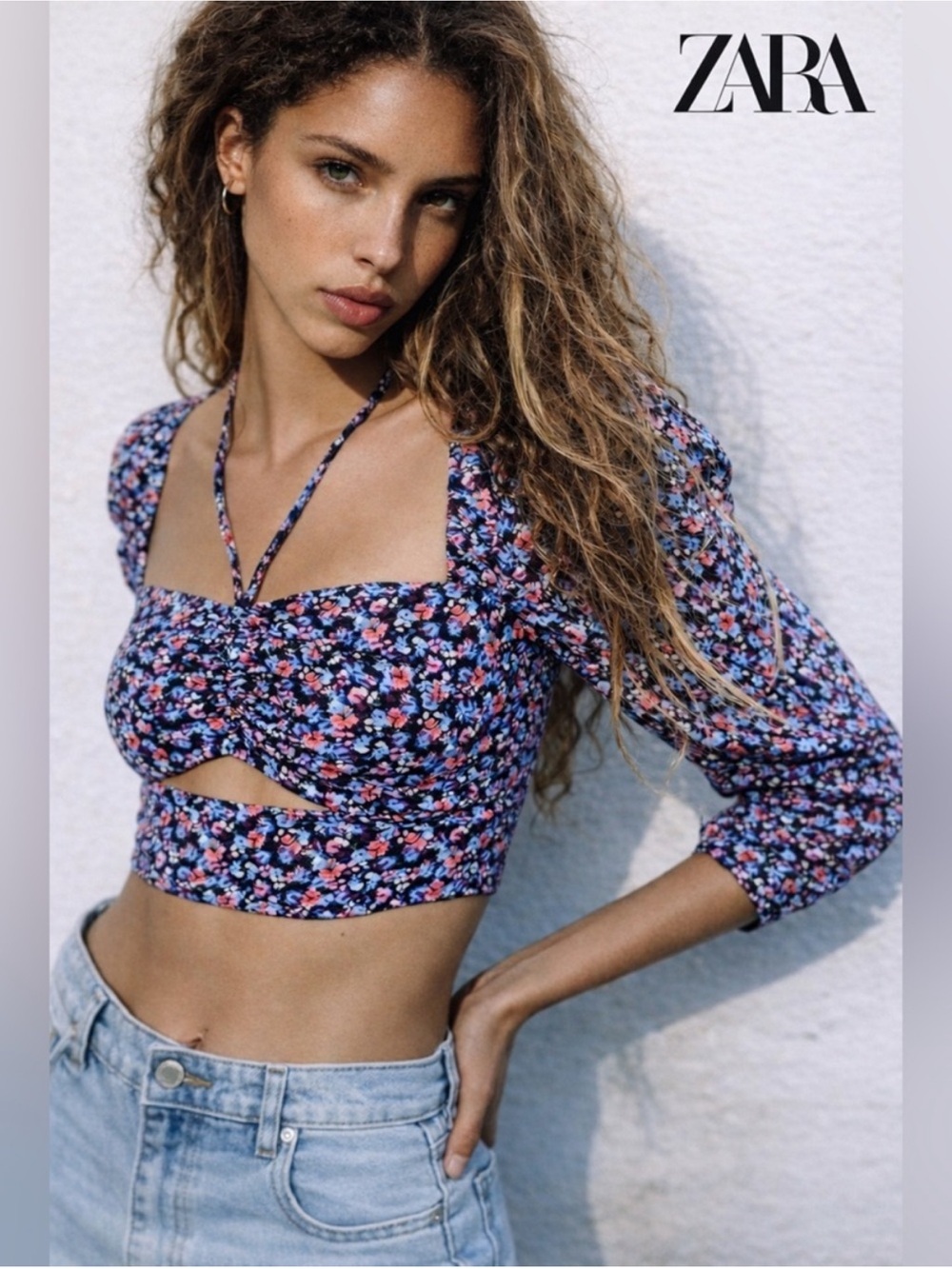 Zara NWT Navy Floral Cutout Cropped Top